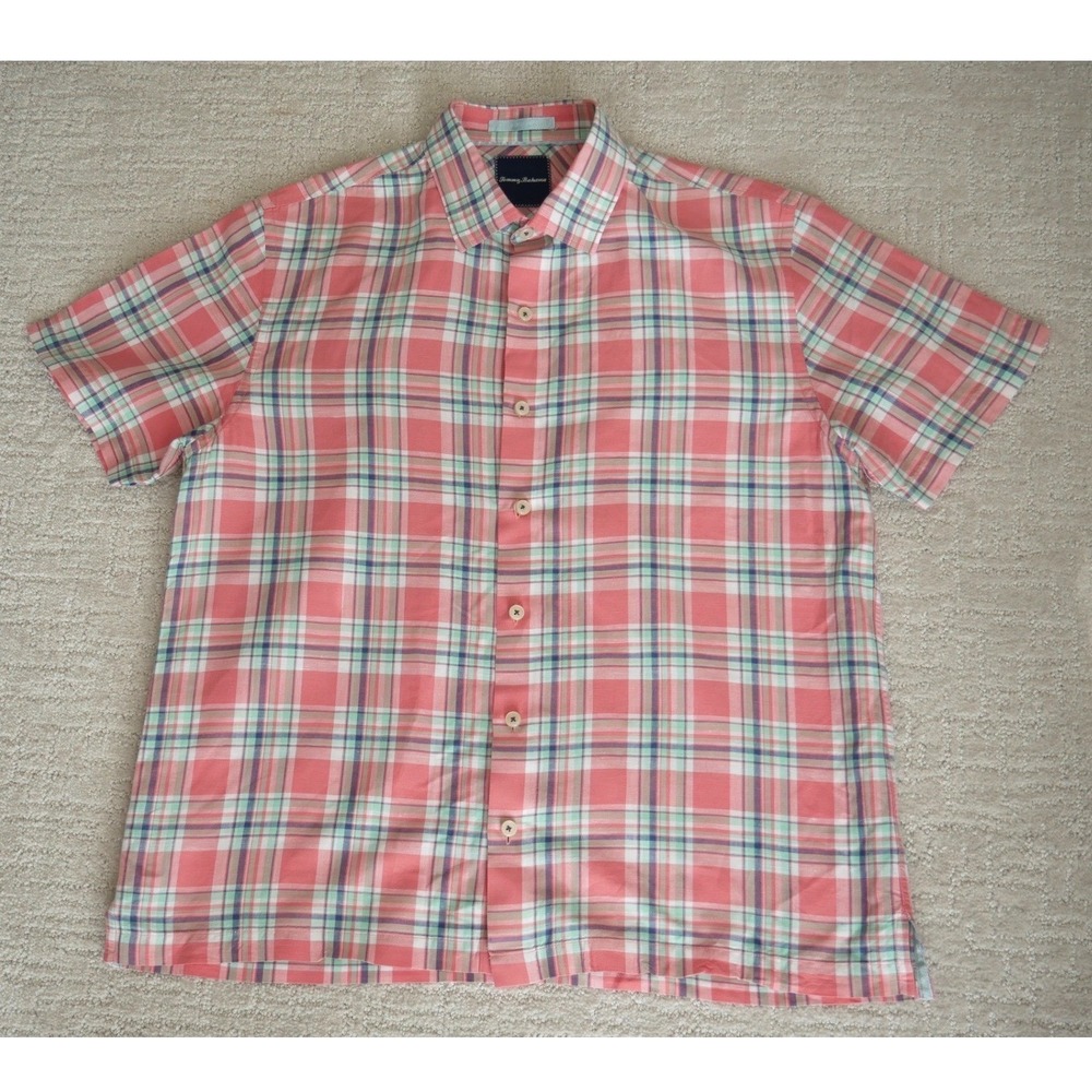 Tommy Bahama Mens Large Salmon Pink Plaid Linen Cotton Short Sleeve Button Shirt